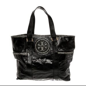 VINTAGE TORY BURCH BLACK PATENT LEATHER SNAKESKIN TRIM GOLD HARDWARE TOTE BAG